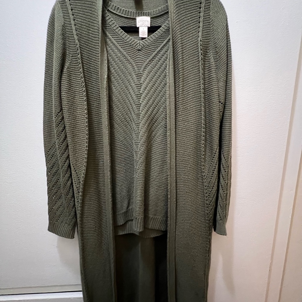 Chico's Green Cardigan Sweater Set with Ribbed Knit